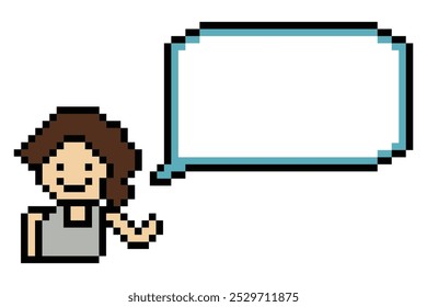 Cartoon cute pixel character face woman with chat blank decoration 8 bit female girl say speak discuss idea chat box cartoon pixel game vector.