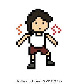 Cartoon cute pixel character man exercises training dance lifestyle music decoration life style 8 bit male boy dance with music game fitness isolated vector.