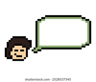 Cartoon cute pixel character man face with chat blank decoration 8 bit male boy say speak discuss idea chat box cartoon pixel game vector.