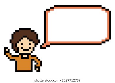 Cartoon cute pixel character man face with chat blank decoration 8 bit male boy say speak discuss idea chat box cartoon pixel game vector.