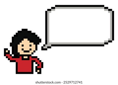 Cartoon cute pixel character man face with chat blank decoration 8 bit male boy say speak discuss idea chat box cartoon pixel game vector.