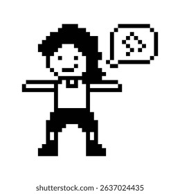 Cartoon cute pixel character cute man exercises training aerobic dance lifestyle music decoration life style 8 bit male boy dance with music game 8bit fitness isolated vector.