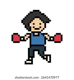 Cartoon cute pixel character man exercises training boxing pugilism punch lifestyle decoration life style 8 bit male boy boxing fisticuffs gym game 8bit fitness isolated vector.