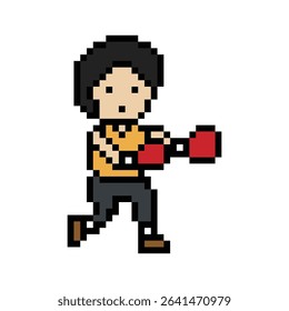 Cartoon cute pixel character man exercises training boxing pugilism punch lifestyle decoration life style 8 bit male boy boxing fisticuffs gym game 8bit fitness isolated vector.