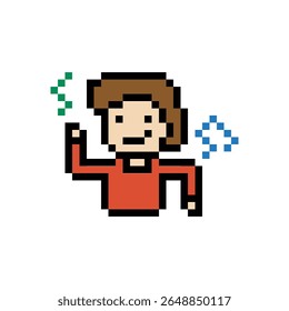 Cartoon cute pixel character cute man exercises training aerobic dance lifestyle music decoration life style 8 bit male boy dance with music game 8bit fitness isolated vector.