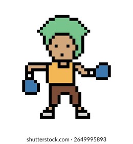 Cartoon bonitinho pixel homem exercícios treinamento pugilismo pugilismo punch estilo de vida decoração estilo de vida 8 bit masculino boxe lutuffs ginásio jogo 8 bit fitness isolado vetor.