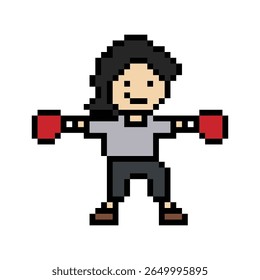 Cartoon bonitinho pixel homem exercícios treinamento pugilismo pugilismo punch estilo de vida decoração estilo de vida 8 bit masculino boxe lutuffs ginásio jogo 8 bit fitness isolado vetor.
