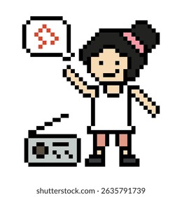 Cartoon cute pixel character woman exercises training dance lifestyle music decoration life style 8 bit female girl dance with music game 8bit fitness isolated vector.