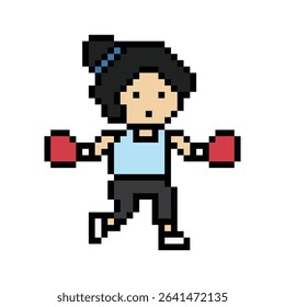 Cartoon cute pixel character woman exercises training boxing pugilism punch lifestyle decor life style 8 bit female lady boxing fisticuffs gym game 8bit fitness isolated vector.