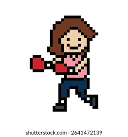 Cartoon cute pixel character woman exercises training boxing pugilism punch lifestyle decor life style 8 bit female lady boxing fisticuffs gym game 8bit fitness isolated vector.