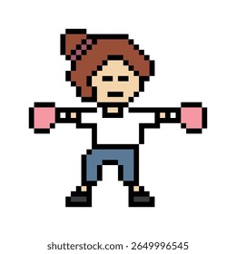 Desenho animado pixel bonito personagem mulher exercícios pugilismo de treinamento pugilismo punch estilo de vida decoração estilo de vida 8 bit senhora boxe lutuffs ginásio jogo 8 bit fitness isolado vetor.