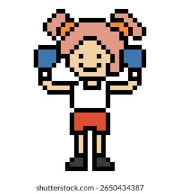 Cartoon cute pixel character woman exercises training boxing pugilism punch lifestyle decor life style 8 bit female lady boxing fisticuffs gym game 8bit fitness isolated vector.