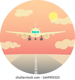 Cartoon cute plane is coming in to land. Airplane front view. Runway. Sunset. Vector illustration. 