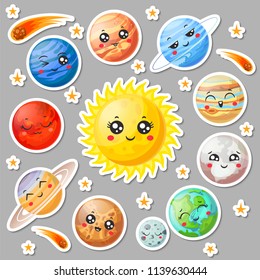 Cartoon cute planets stickers. Happy planet face, smiling earth and sun in universe space. Astronomy solar system sticker planetary uranus mercury jupiter neptune vector isolated symbol collection