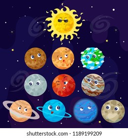 Cartoon cute planets vector flat illustration.