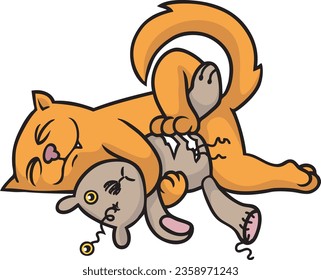 Cartoon of cute playful cat that lies and sleeps contentedly with busted teddy as cuddling toy