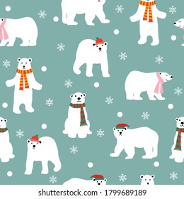 Cartoon cute polar bear animal set on green pastel. Seamless vector illustration with. Bears for christmas card design in different poses.