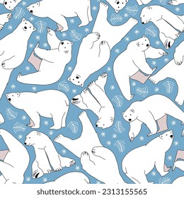 Cartoon cute polar bear animal set on blue pastel. Seamless vector illustration with bears for Christmas card design in different poses.