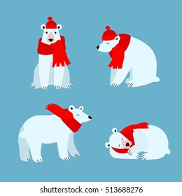 Cartoon Cute Polar Bear Animal Set on Blue. Flat Design Style. Vector illustration of mammal with white fur with red hat. Bears for merry christmas card design in different poses. Arctic symbol