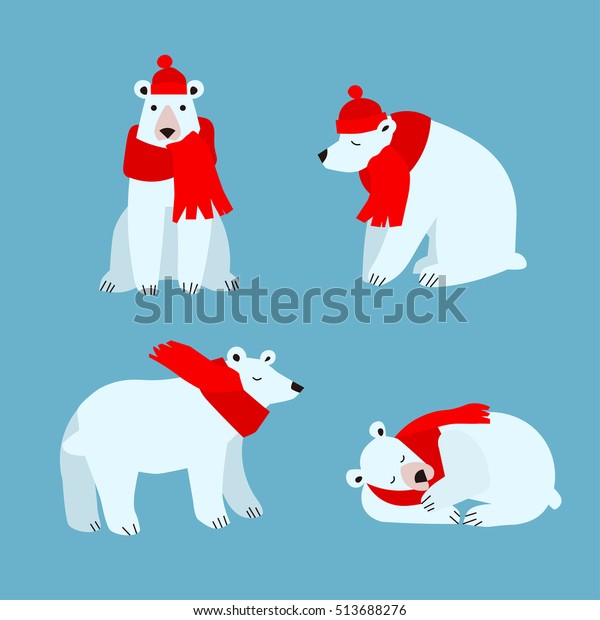 青の背景に漫画のかわいい白熊の動物 フラットデザインスタイル 白い毛と赤い帽子を持つ哺乳動物のベクターイラスト メリークリスマスカードのクマは さまざまなポーズでデザインされています 北極の記号 のベクター画像素材 ロイヤリティフリー