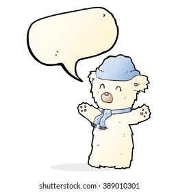cartoon cute polar bear in hat and scarf with speech bubble