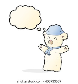 caricatura del oso polar lindo en el sombrero y la bufanda con burbuja de pensamiento