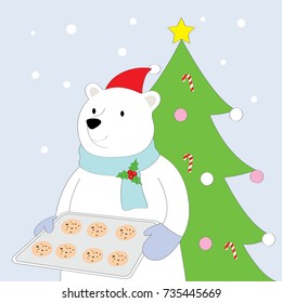 Cartoon cute polar bear is making cookies. On the day of Christmas vector.