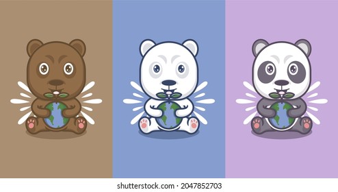 cartoon cute polar bear panda hugging globe and plant shoots. vector illustration for mascot logo or sticker