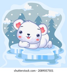 Cartoon cute polar bear relaxing on ice cube isolated on north pole background