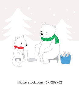 Cartoon cute polar bear and snow fox  fishing on ice vector.