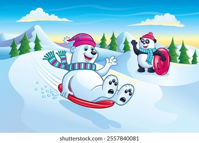 Cartoon of a cute polar bear wearing a snow hat and scarf having fun riding down a snowy hill in the mountains on a snow sled disc and a panda bear waving at him holding an inner tube.