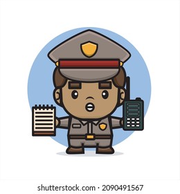 cartoon cute police hold on walkie talkie and memo