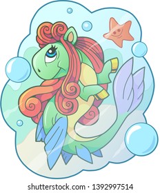 Cartoon cute pony mermaid, funny illustration design
