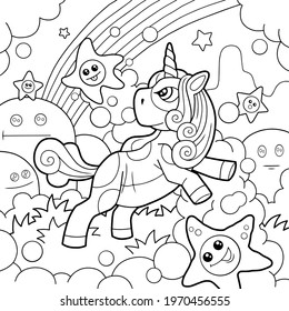 cartoon cute pony unicorn, coloring page, outline illustration