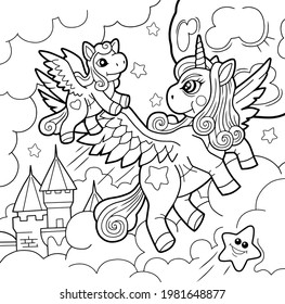 cartoon cute pony unicorn, coloring book, outline illustration