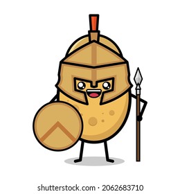 Cartoon cute potato being a war soldier on a white background
