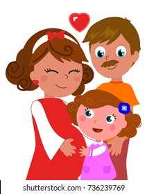 Cartoon cute pregnant mother with red dress with dad and girl, isolated vector illustration