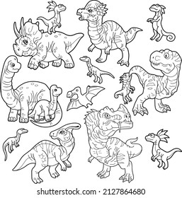 cartoon cute prehistoric dinosaurs, picture set, coloring book