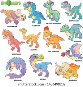 cartoon cute prehistoric dinosaurs, set of images, funny illustrations