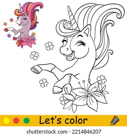 Caricatura lindo bonito personaje de unicornio con flores. Colorear la página del libro con una plantilla colorida para los niños. Ilustración aislada del vector. Para colorear libros, impresos, juegos, fiestas, diseño