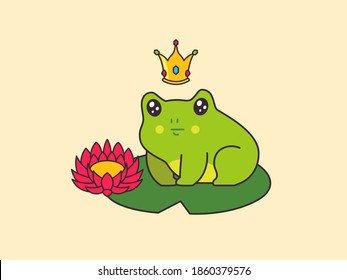 Cartoon cute princess frog with gold crown sitting on water Lily leaf with a flower