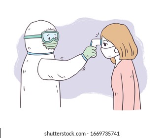 Cartoon cute protect virus, Nurse staff temperature woman vector.