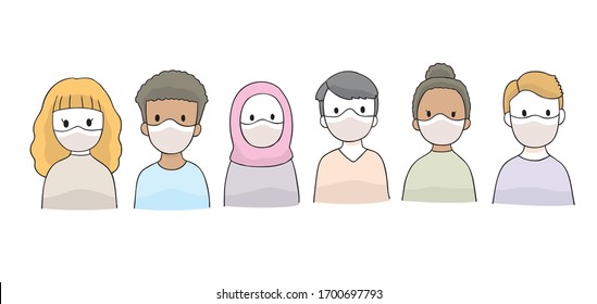 Cartoon cute protect virus, People wearing face mask vector.