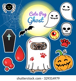 Cartoon cute pug Ghost. Dog, blood, moon, pumpkin, bat, spider, eye, skull, coffin, paw print, spider web. Character and elements for the posters, greeting cards, invitations, sticker, wrapping paper.
