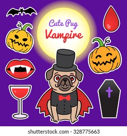 Cartoon cute pug Vampire. Dog, bat, pumpkins, blood, lips, fangs, coffin, glass of wine, moon. Character and elements for the posters, greeting cards, invitations, web design, wrapping paper.