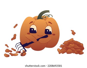 Cartoon cute pumpkin picking up fallen leaves. Cute cozy Halloween illustration isolated on white background. 