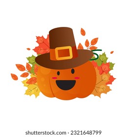 Cartoon cute pumpkins with colorful leaves on transparent vector