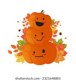 Cartoon cute pumpkins with colorful leaves on transparent vector