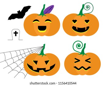 Cartoon Cute Pumpkins with Emotion Face and Bat, Graveyard ,Web. Vector Illustration Set. Halloween Concept.