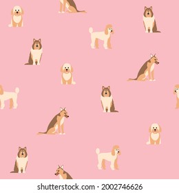 Cartoon cute puppies dog seamless pattern in vector. Breed of dogs illustration in vector